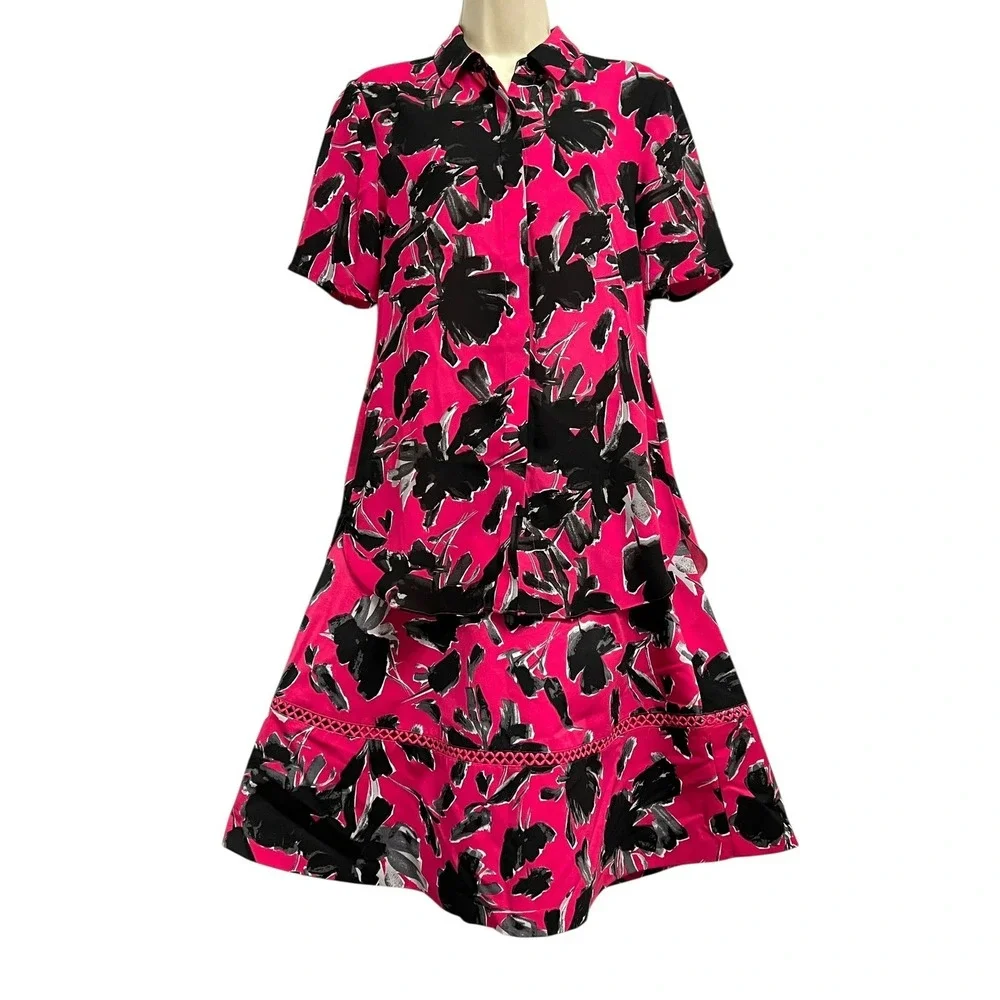 Isaac Mizrahi IMNYC Top Skirt Set Womens S/4 Pink Black Floral Garden Party Bold